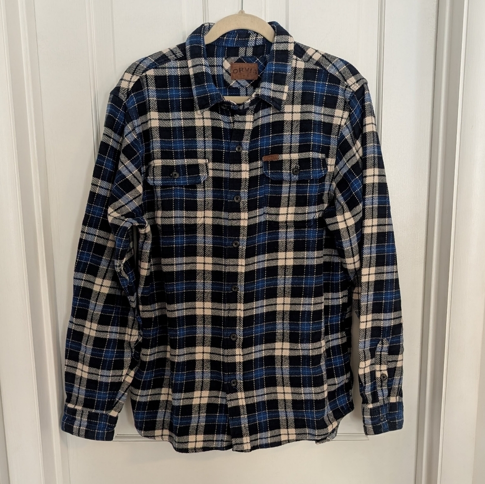 Orvis Mens Thick Flannel‎ Shirt Shacket LARGE Plaid Outdoor Workwear Chores Barn